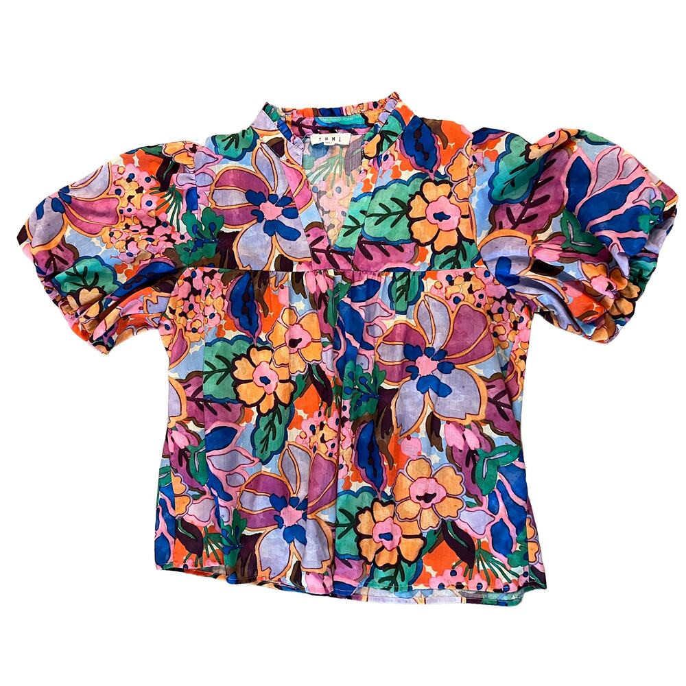 THML Floral Puff Sleeve V-Neck Blouse Size Large Vibrant Watercolor Boho Top